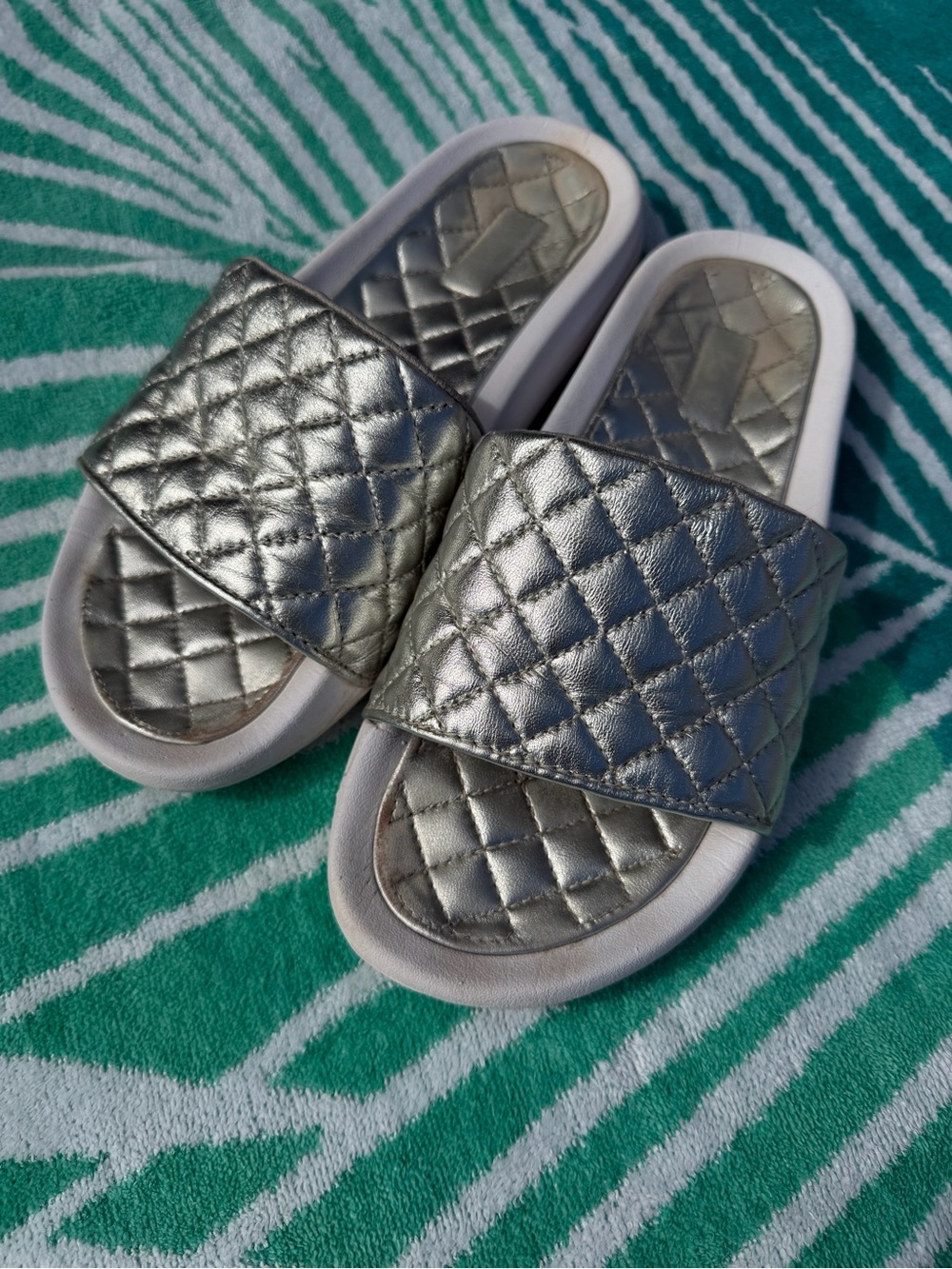 APL Quilted Metallic Slide Sandals - Silver